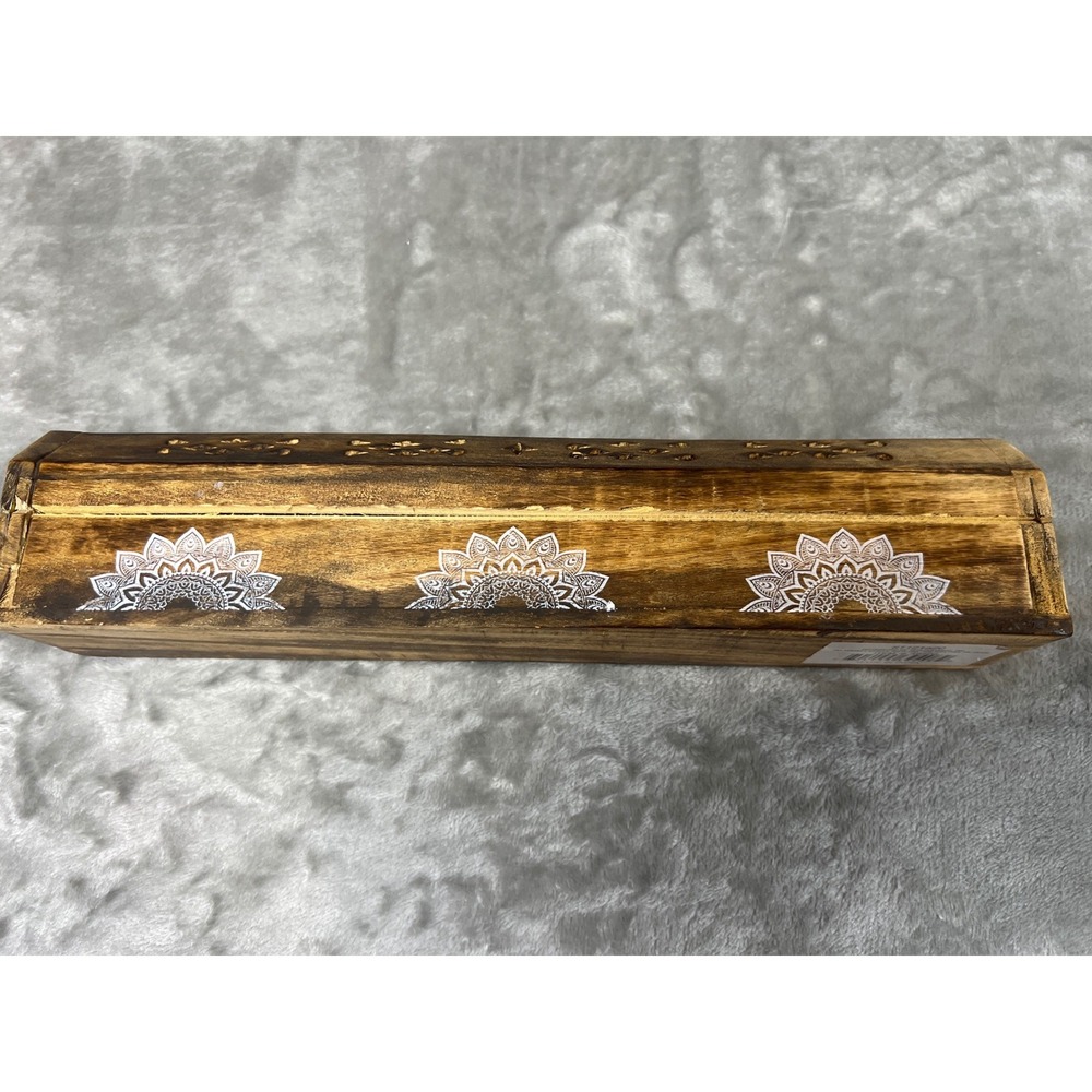 Wooden Coffin Incense Burner Box Mandala Carved Ash Catcher Storage 12"